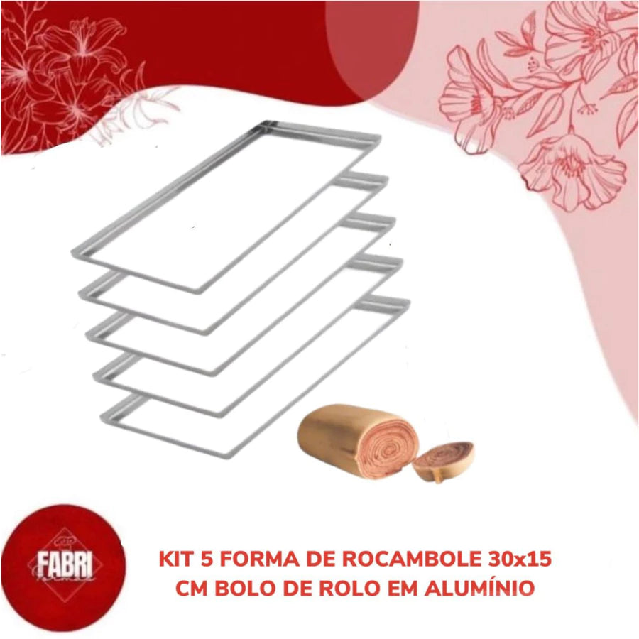 KIT COM 05 FORMAS DE ROCAMBOLE E BOLO DE ROLO 30X15CM EM ALUMINIO